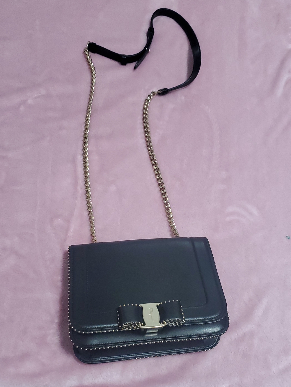 Black Leather Crossbody Bag with Gold Chain Strap